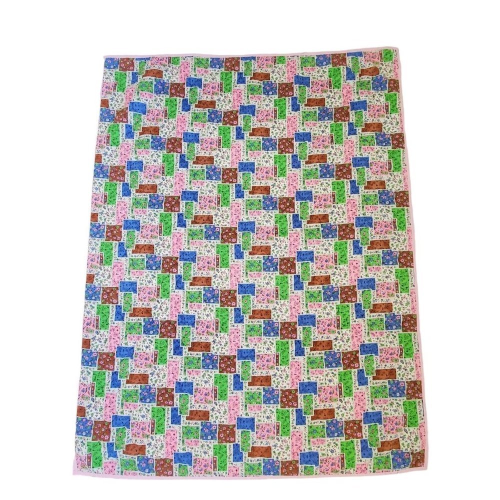 Vintage 60s 70s Ditsy Floral Patchwork Baby Quilt Blanket Pink Trim Blue 42 X 56
